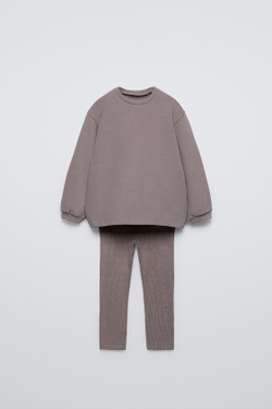 ZARA КОМПЛЕКТ ИЗ ФУТБОЛКИ И ЛЕГИНСОВ, КОРИЧНЕВЫЙ/СЕРЫЙ