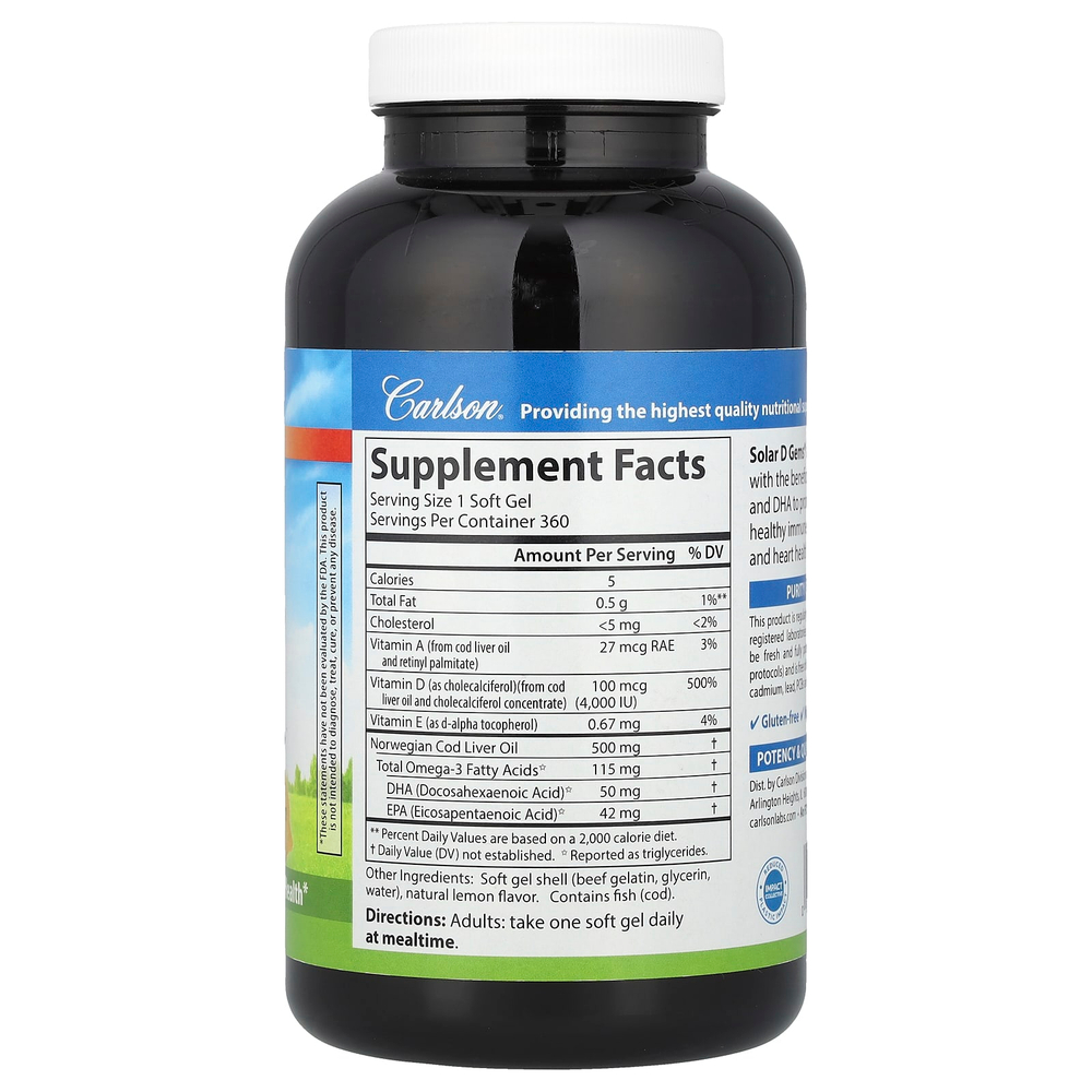 Carlson, Solar D Gems®, витамин D3 и омега-3, натуральный лимон, 360 мягких таблеток