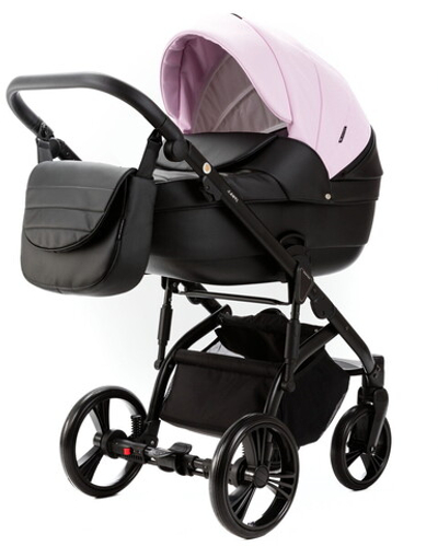 Детская коляска Adamex Lanti Deluxe 2 в 1 LN-SD101 (РОЗОВ.ЗЕФИР КОЖА + ЧЕРН.КОЖА)