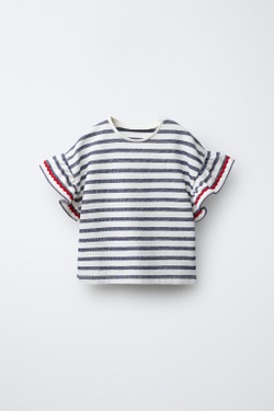 ZARA ФУТБОЛКА ИЗ ТКАНИ В ПОЛОСКУ С ВОЛАНОМ И ВОЛНИСТОЙ ОТДЕЛКОЙ, МОРСКОЙ СИНИЙ