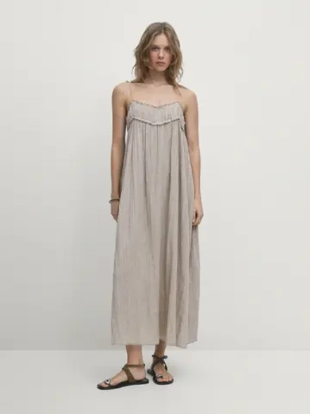 Massimo Dutti Платье миди из рифленого льна и хлопка, кротово-коричневый