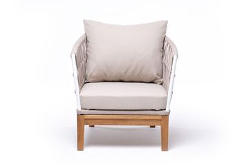 "Диего" кресло плетеное из роупа, основание дуб, каркас алюминий светло-серый (RAL7035) шагрень, роуп бежевый круглый, ткань бежевая 15052