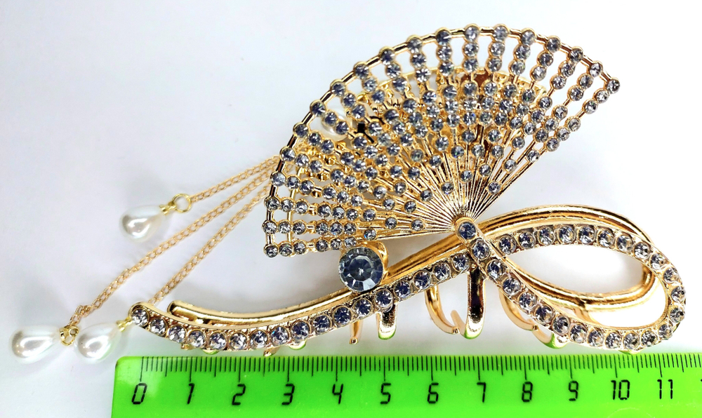 Заколка -краб  для волос "Веер" инкрустированный стразами. Металл Усиленная. Цвет золото