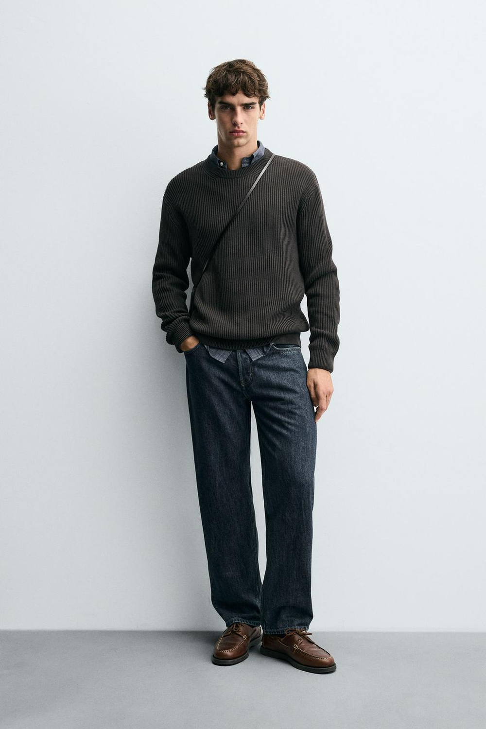 ZARA ДЖЕМПЕР РЕЛЬЕФНОЙ ВЯЗКИ В РУБЧИК, СЕРОВАТЫЙ