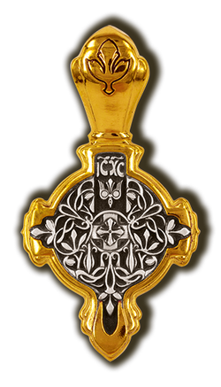 Крест с лилиями и молитвой "Да Воскреснет Бог". Серебро с позолотой