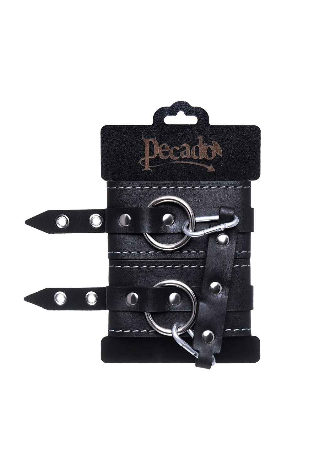 Черные двухслойные кожаные оковы с белой строчкой