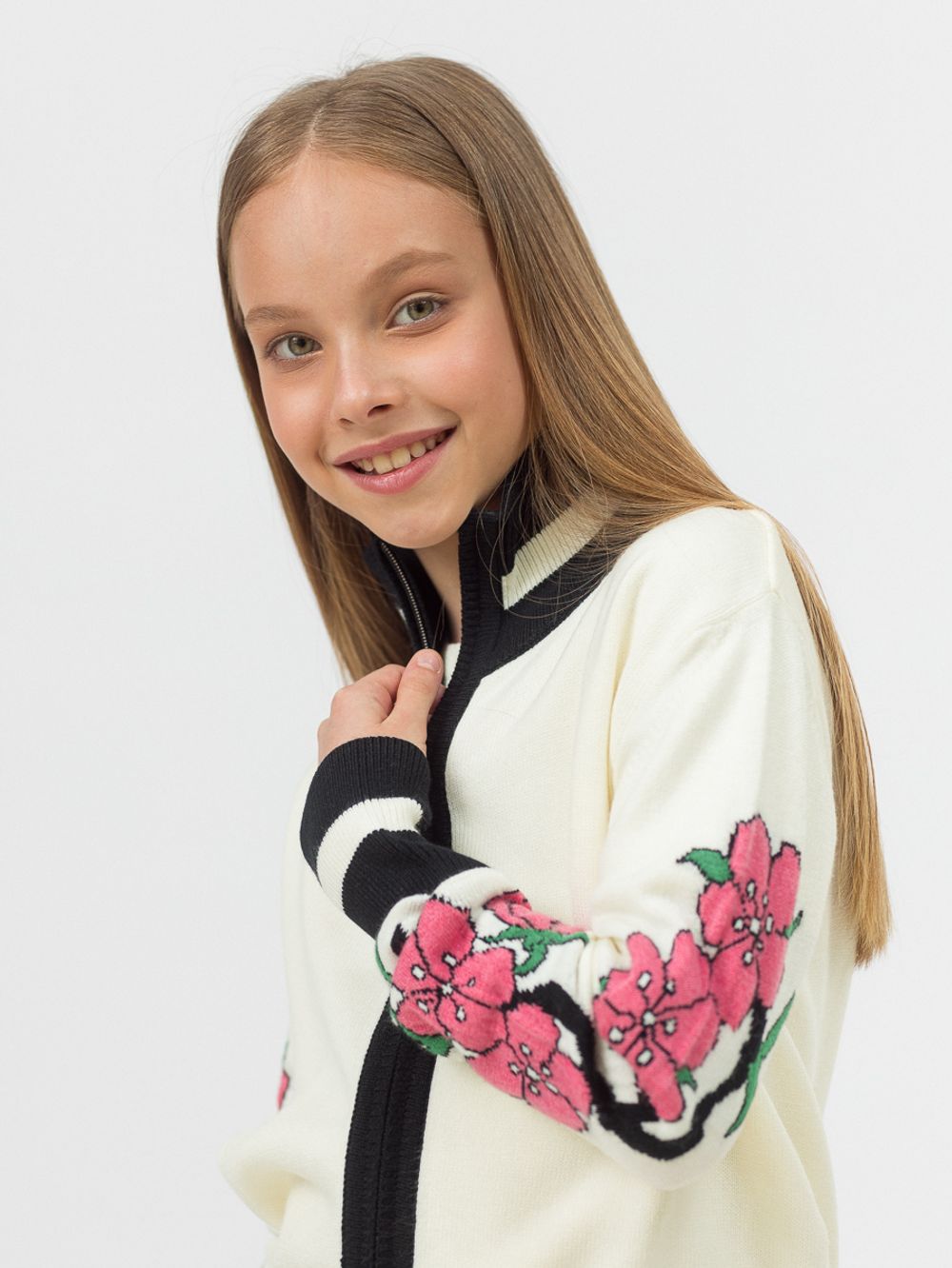 Кардиган для девочки на молнии в школу AT1070 молочный