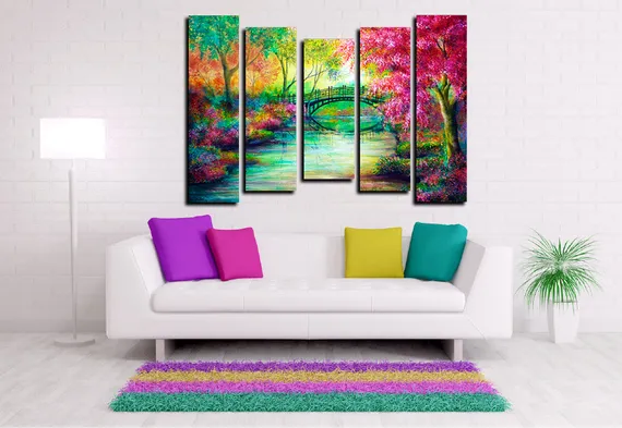 Модульная картина "Мост в красочном лесу"