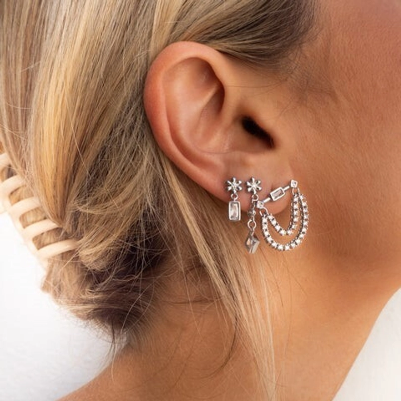 Серьги Багет на Весящей Цепочке – Серебро