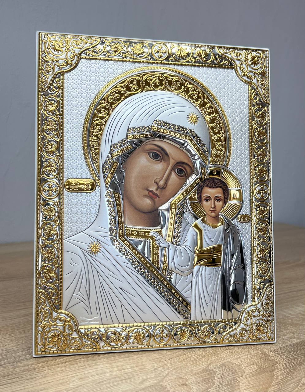 Казанская БМ, икона прямоугольная без рамки, белое дерево 175х225