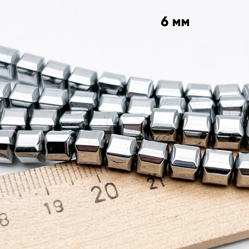 Гематит Куб бусины (имитация), цвет серебристый, размер около 6 мм, цена за 16 шт (1/4 нити)