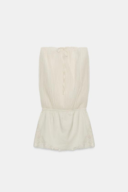 ZARA ПЛАТЬЕ БЕЗ БРЕТЕЛЕК ИЗ КОМБИНИРОВАННЫХ ТКАНЕЙ С ВЫШИВКОЙ, ЖЕЛТОВАТО-БЕЛЫЙ