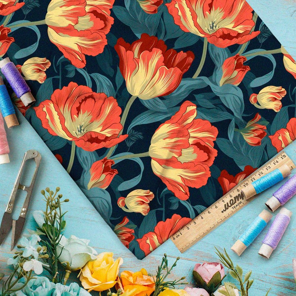 Ткань премиум шифон ночные тюльпаны