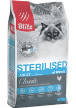 Сухой корм для стерилизованных кошек Blitz Classic Chicken Adult Sterilised Cat All Breeds с курицей, 10 кг
