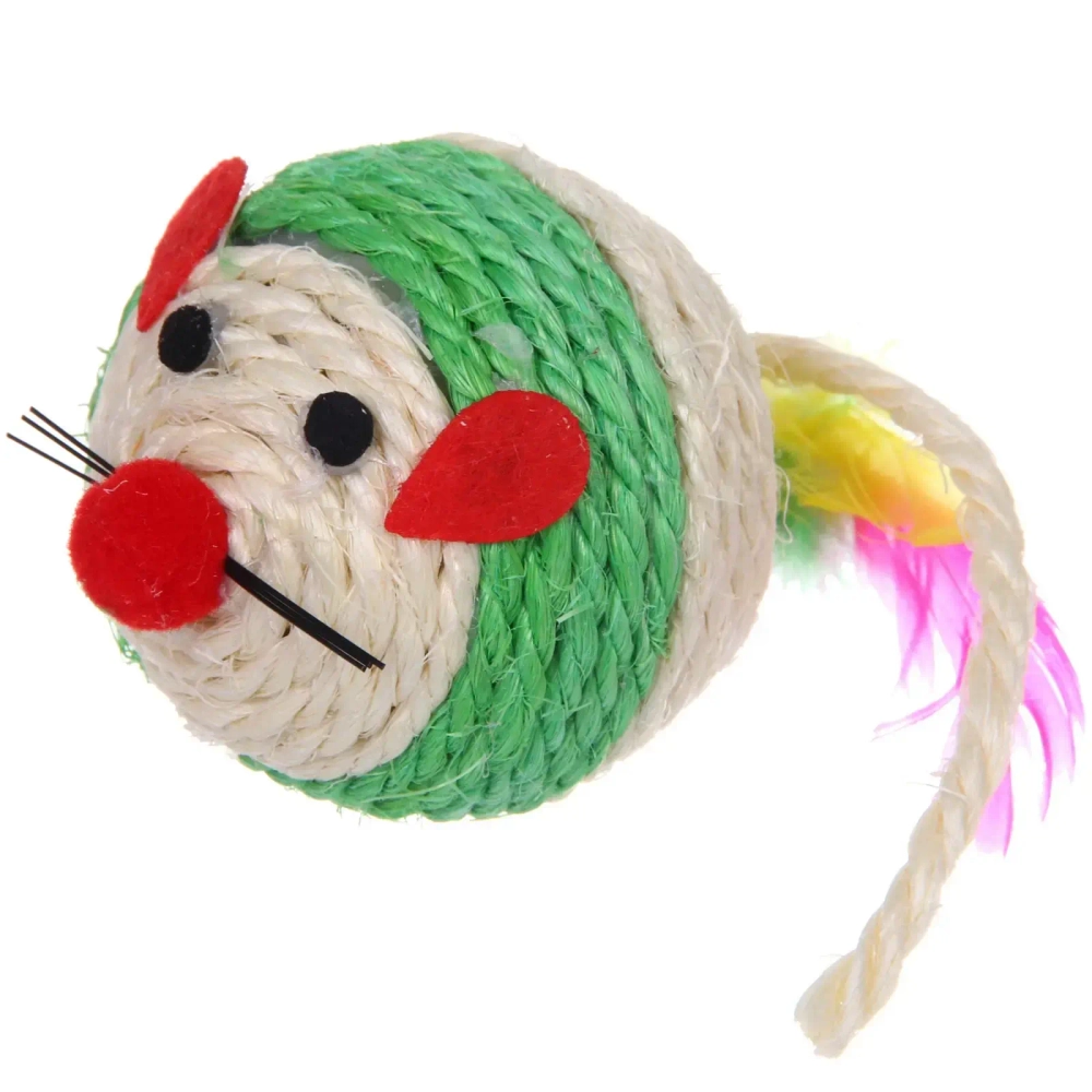 Игрушка - мышка для кошек «ЦЕПКИЕ ЛАПКИ», канатная с пёрышками, микс 4 цвета, 8*6см (пакет с хедером)