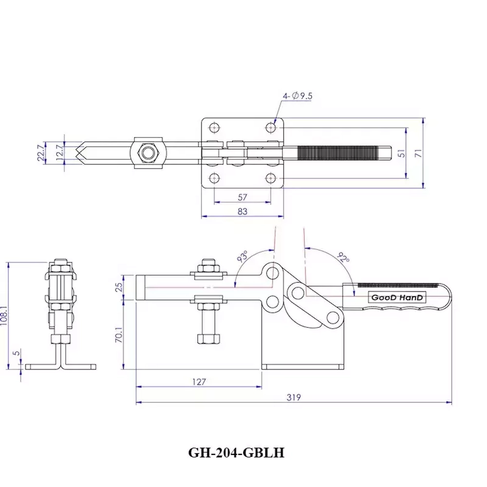Зажим механический с горизонтальной ручкой GH-204-GBLH