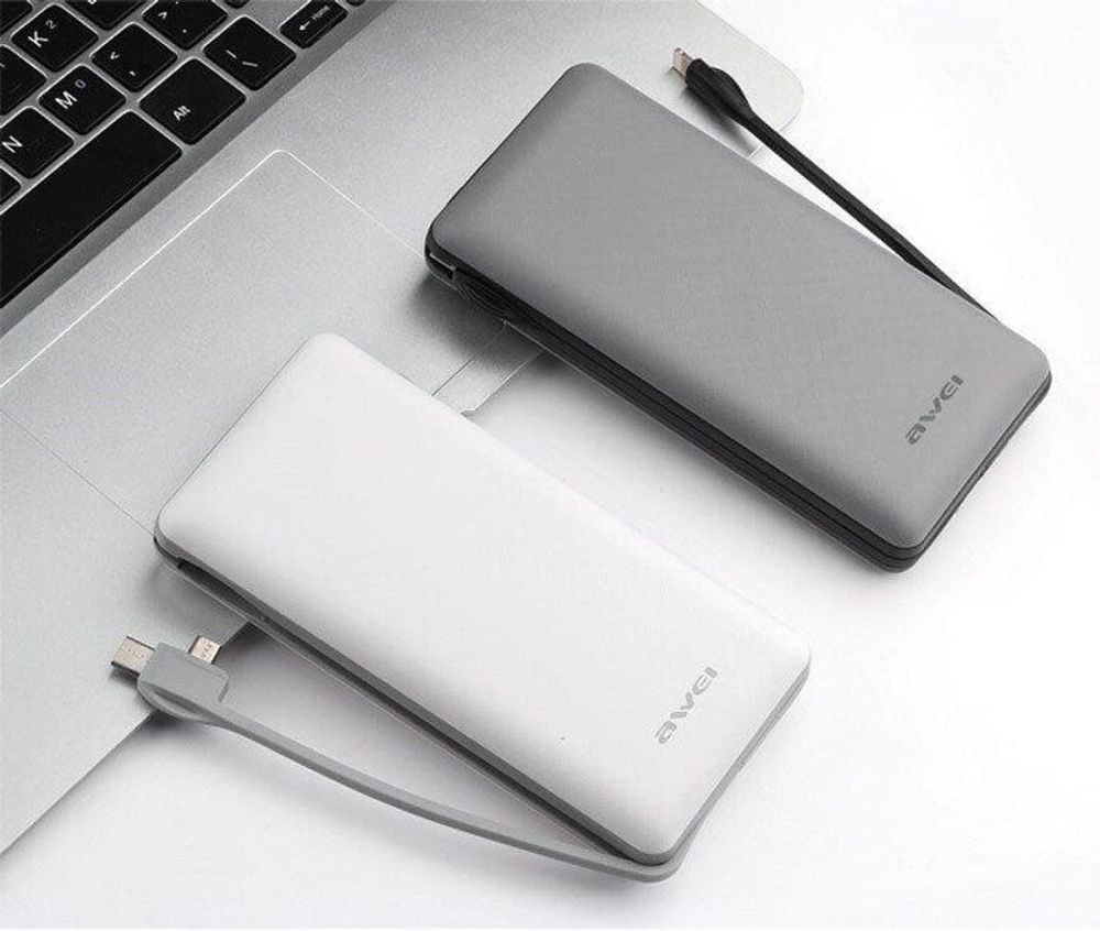 Портативный аккумулятор 20000 mAh P62K встроенный кабель Lightning/Micro/Type-C Awei White