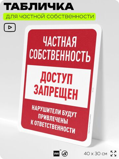 Табличка для частной территории "Частная собственность, доступ запрещен", на дом, для участка, организаций, предупреждающая, 40х30 см, Silver Plane x Айдентика Технолоджи