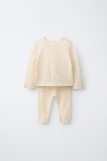 ZARA КОМПЛЕКТ АЖУРНЫЙ ТРИКОТАЖ, СЛОНОВАЯ КОСТЬ