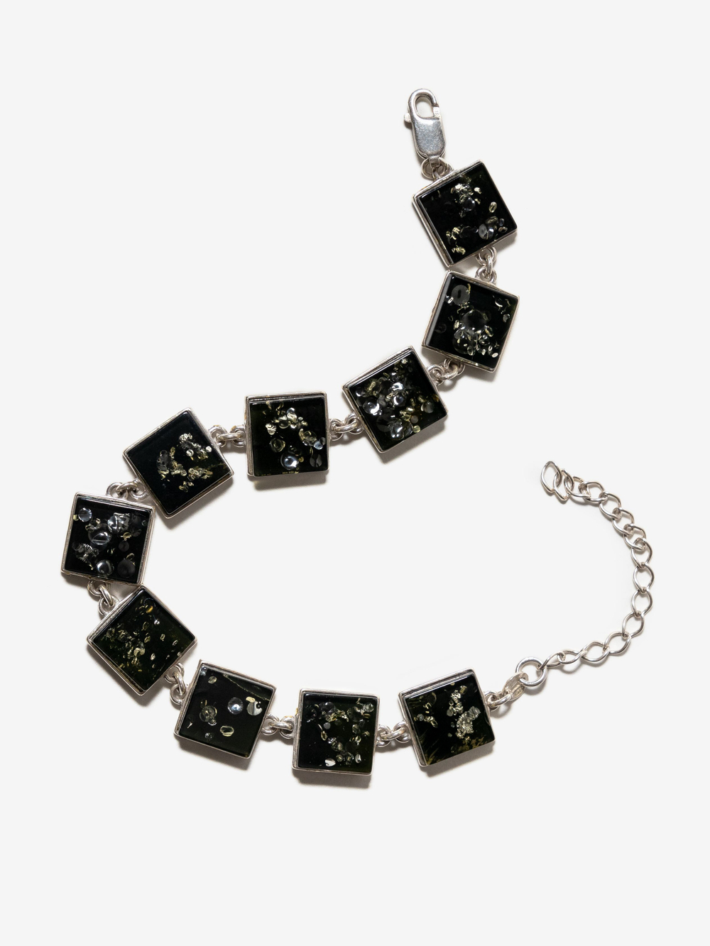 Серебряный браслет с натуральным зеленым янтарем. Серебро 925, Калининградский янтарь