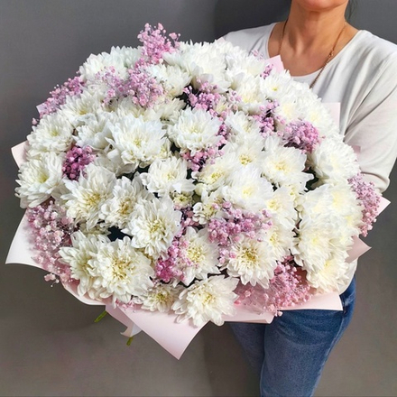 Букет из 13 хризантем сорта "BALTICA WHITE" с розовой гипсофилой