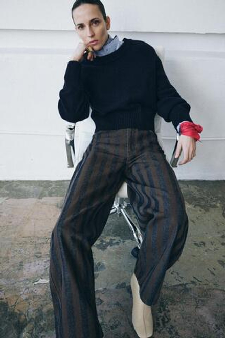 ZARA СВИТЕР ИЗ 100% ШЕРСТИ С ПОДПЛЕЧНИКАМИ, МОРСКОЙ СИНИЙ