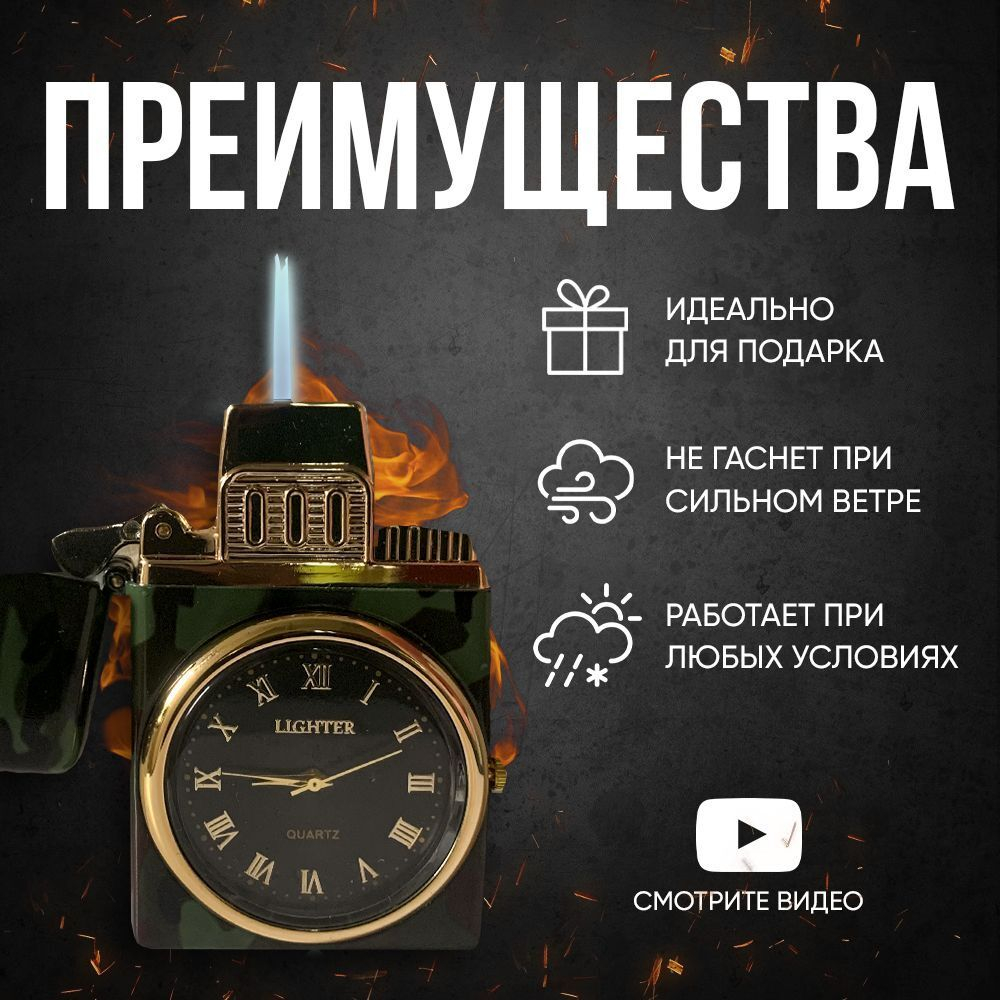 газовая турбо-зажигалка с часами подарочная, золотая