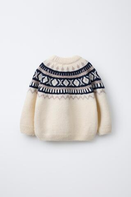ZARA ЖАККАРДОВЫЙ ТРИКОТАЖНЫЙ ДЖЕМПЕР, ЭКРЮ/СИНИЙ
