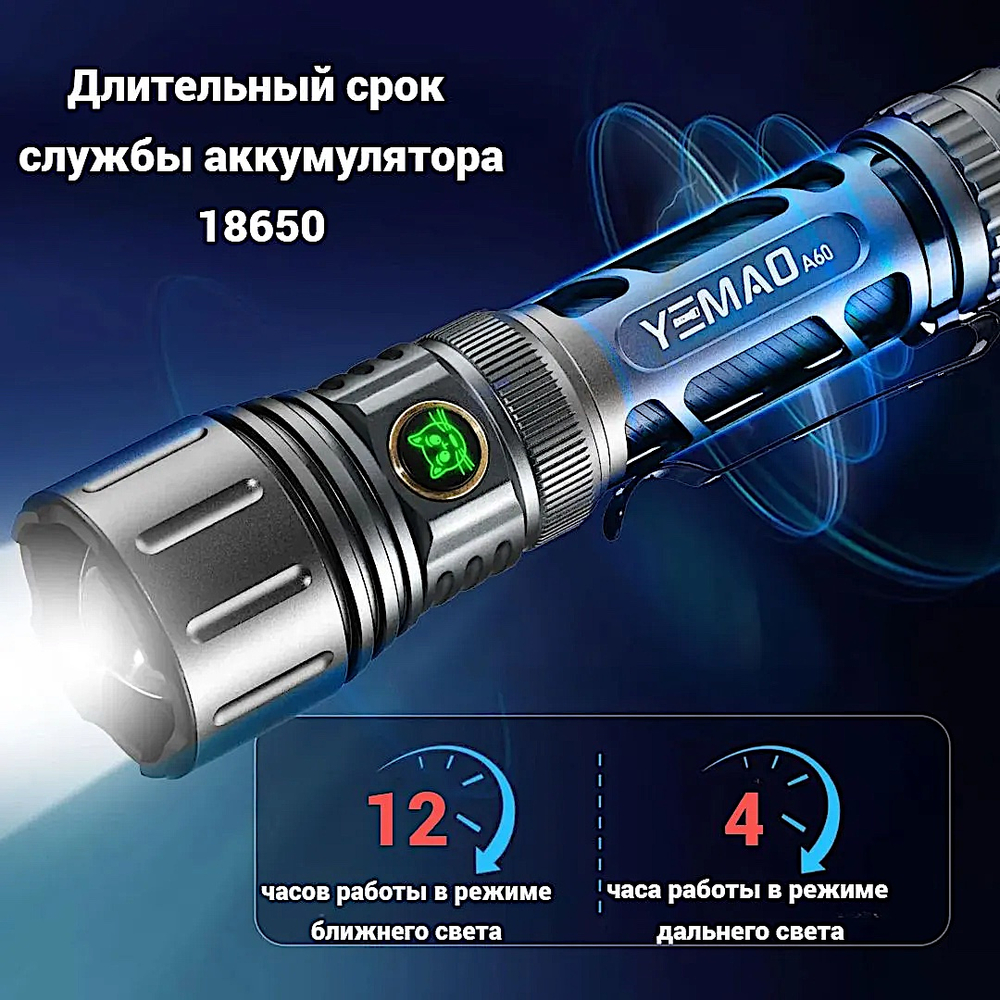 Фонарь Yemao YM-A60 1200лм 500м ( 6 режимов, Zoom, 1х18650 / 21700 ) -