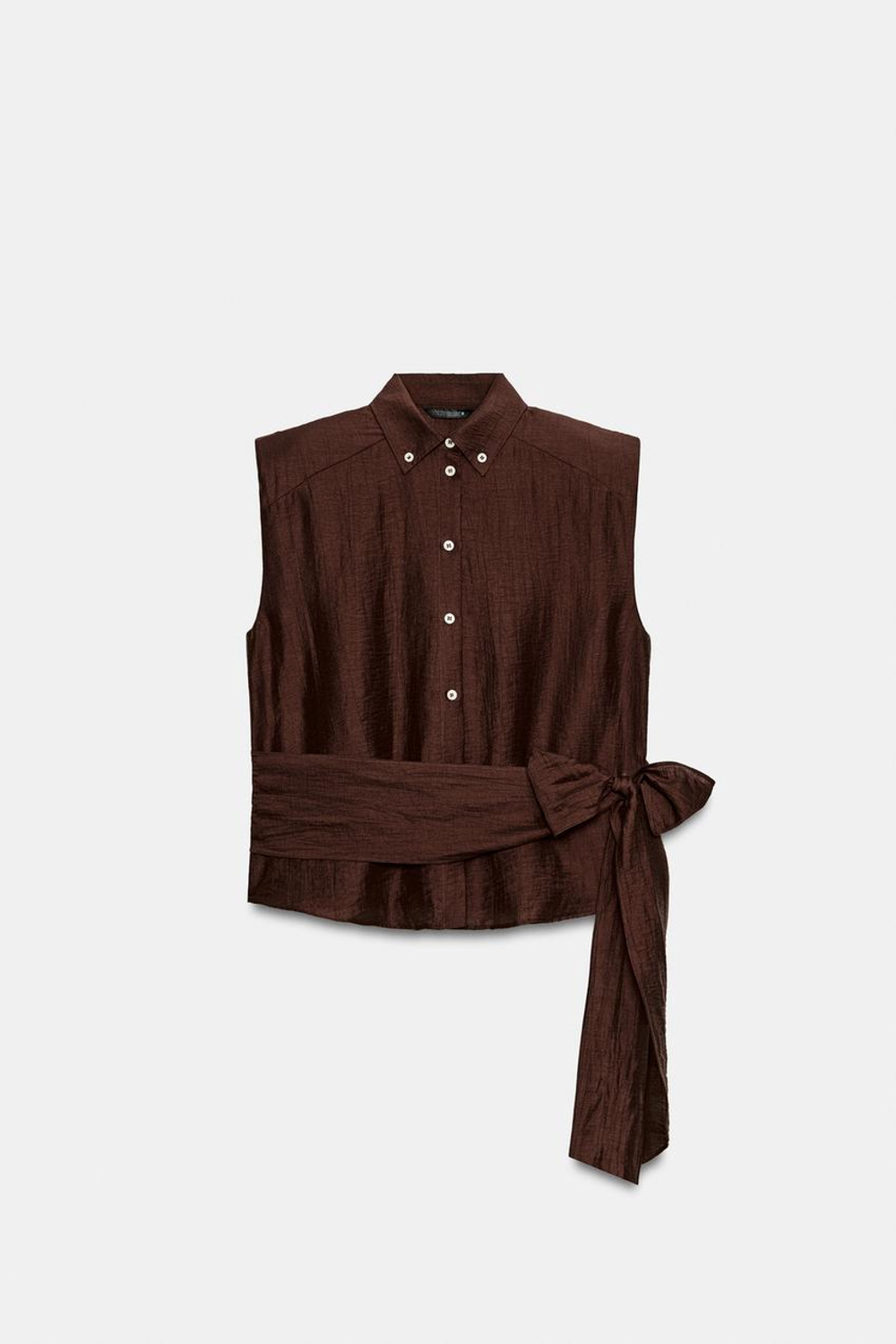 ZARA ТОП С ПОГОНАМИ И ПОЯСОМ, ТЕМНО-КОРИЧНЕВЫЙ