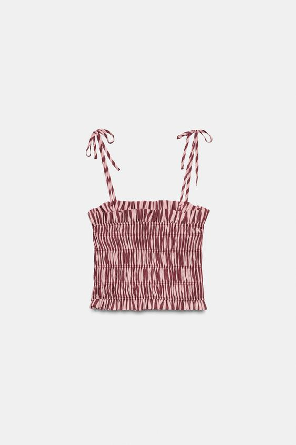 ZARA ТОП НА БРЕТЕЛЯХ В ПОЛОСКУ С РЮШАМИ, ОТТЕНКИ РОЗОВОГО