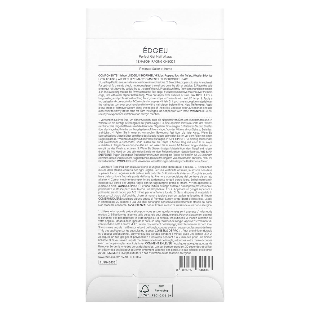 Edgeu, Perfect Gel Nail, обертка для ногтей, ENA 909 Sports Check, набор из 19 предметов