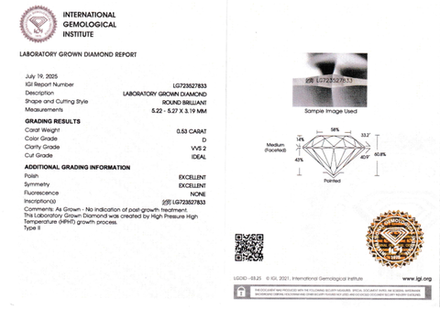 Лабораторно-выращенный бриллиант Кр-57 5.22-5.27 мм D/VVS2 0.53 ct