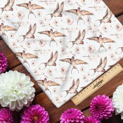 Ткань кулирная гладь ласточки с нежными цветами