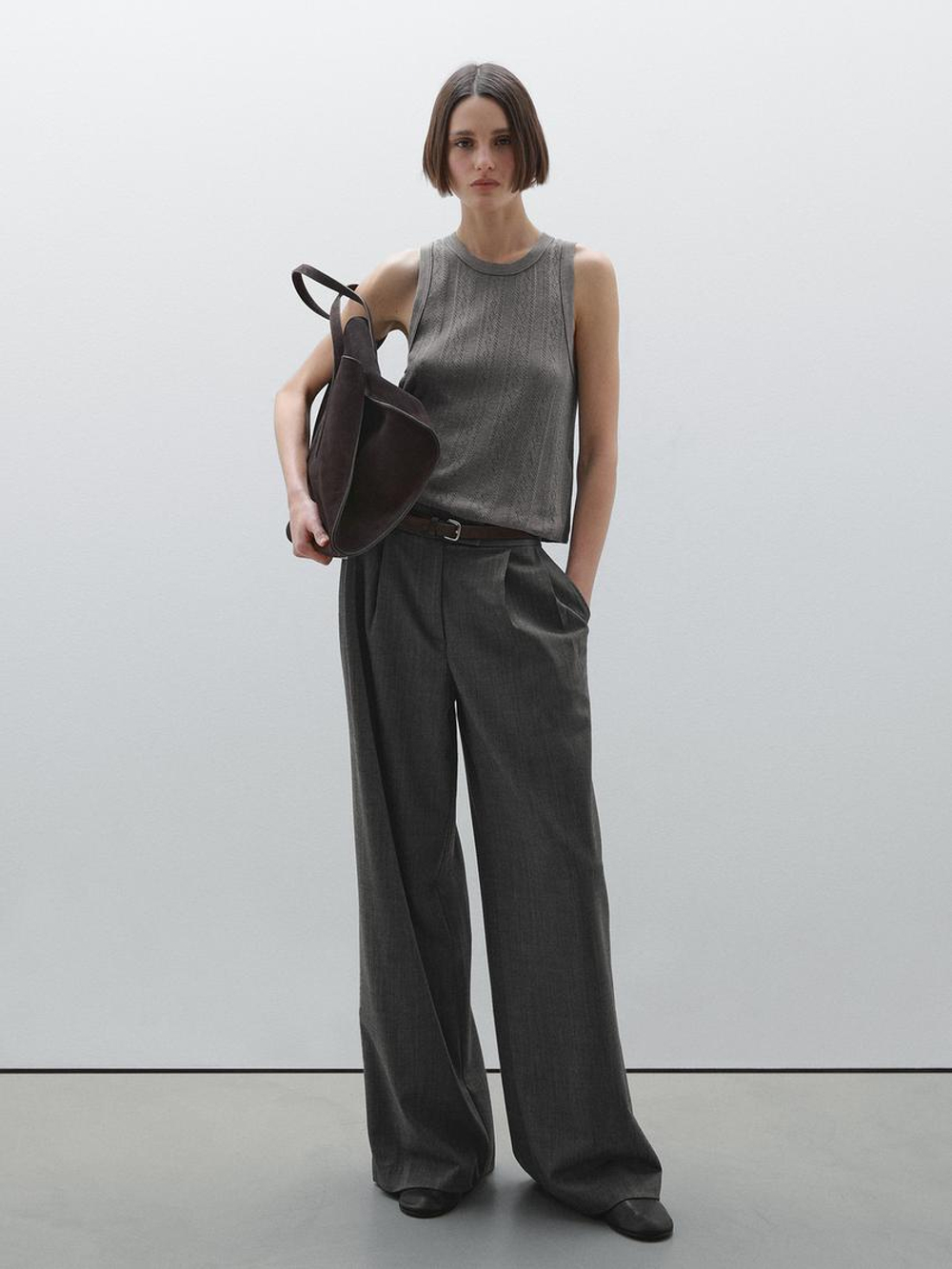 Massimo Dutti Топ из ажурной ткани с круглым вырезом, серый