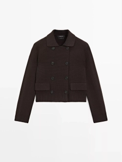 Massimo Dutti Двубортный трикотажный кардиган из 100% хлопка, коричневый