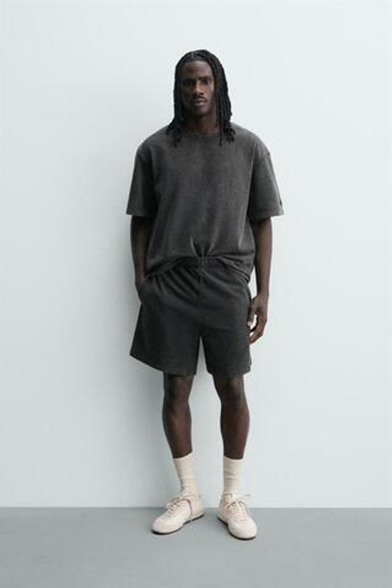 ZARA ШОРТЫ С ВАФЕЛЬНОЙ ФАКТУРОЙ И ЭФФЕКТОМ ПОТЕРТОСТИ, АНТРАЦИТОВО-СЕРЫЙ