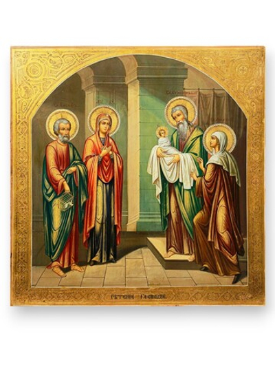 Сретение Господне - Симеон Богоприимец встречает младенца Иисуса Христа. Деревянная икона на левкасе