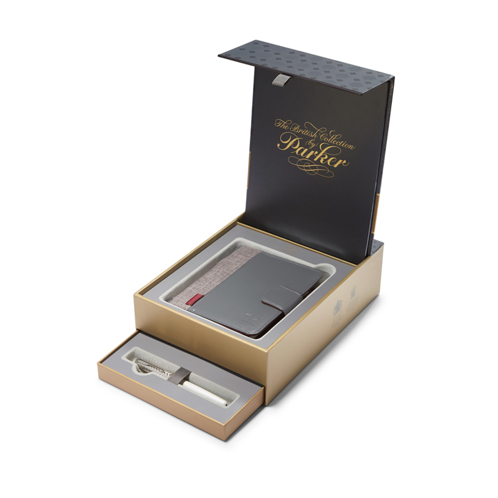 Подарочный набор Parker: Перьевая ручка Parker Sonnet Metal & Pearl CT с блокнотом и органайзером
