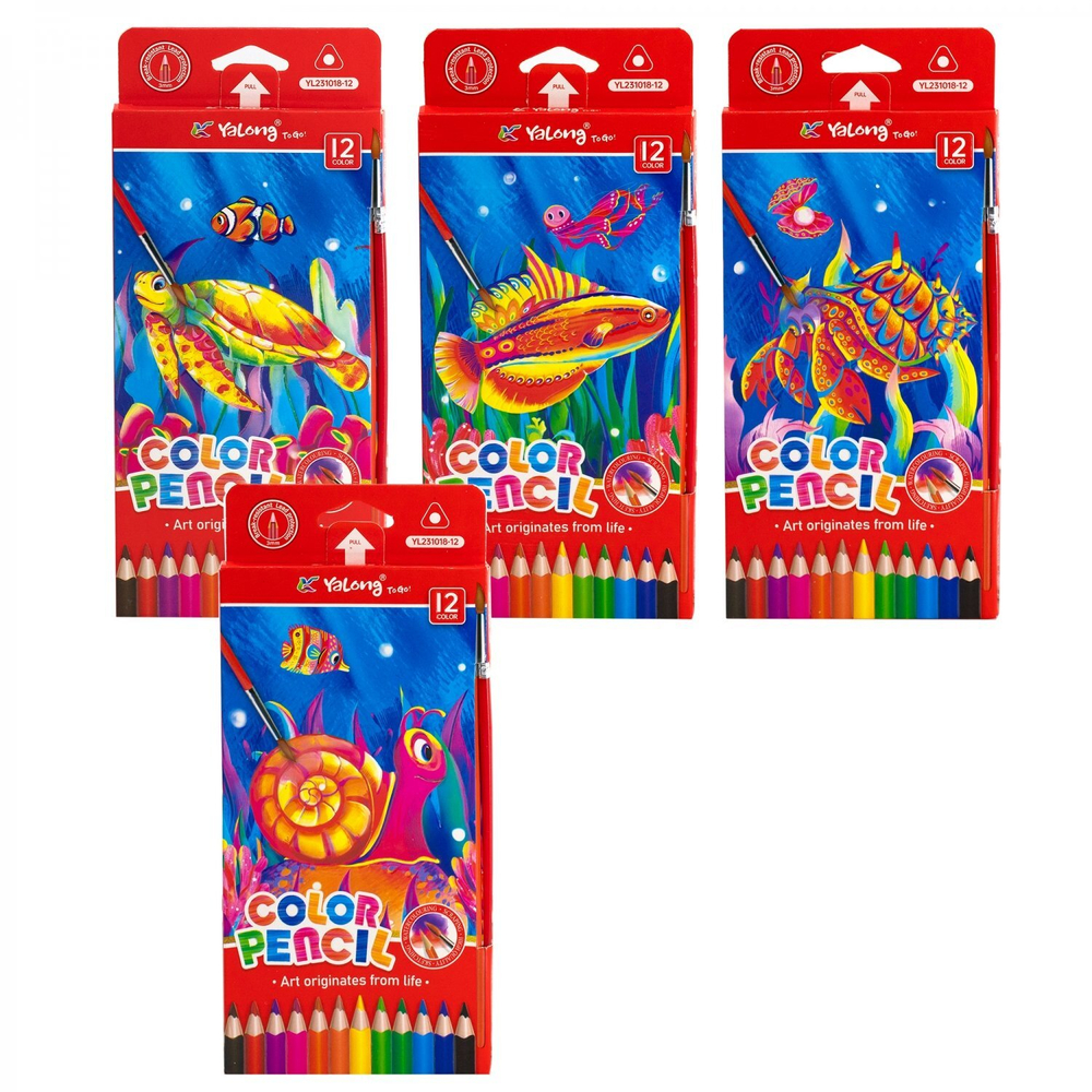 Карандаши цветные акварельные Yalong 12 цв., "Аквариум" деревянные, трехгранные, заточенные, кисть, грифель 3.0 мм, картон. уп., европодвес