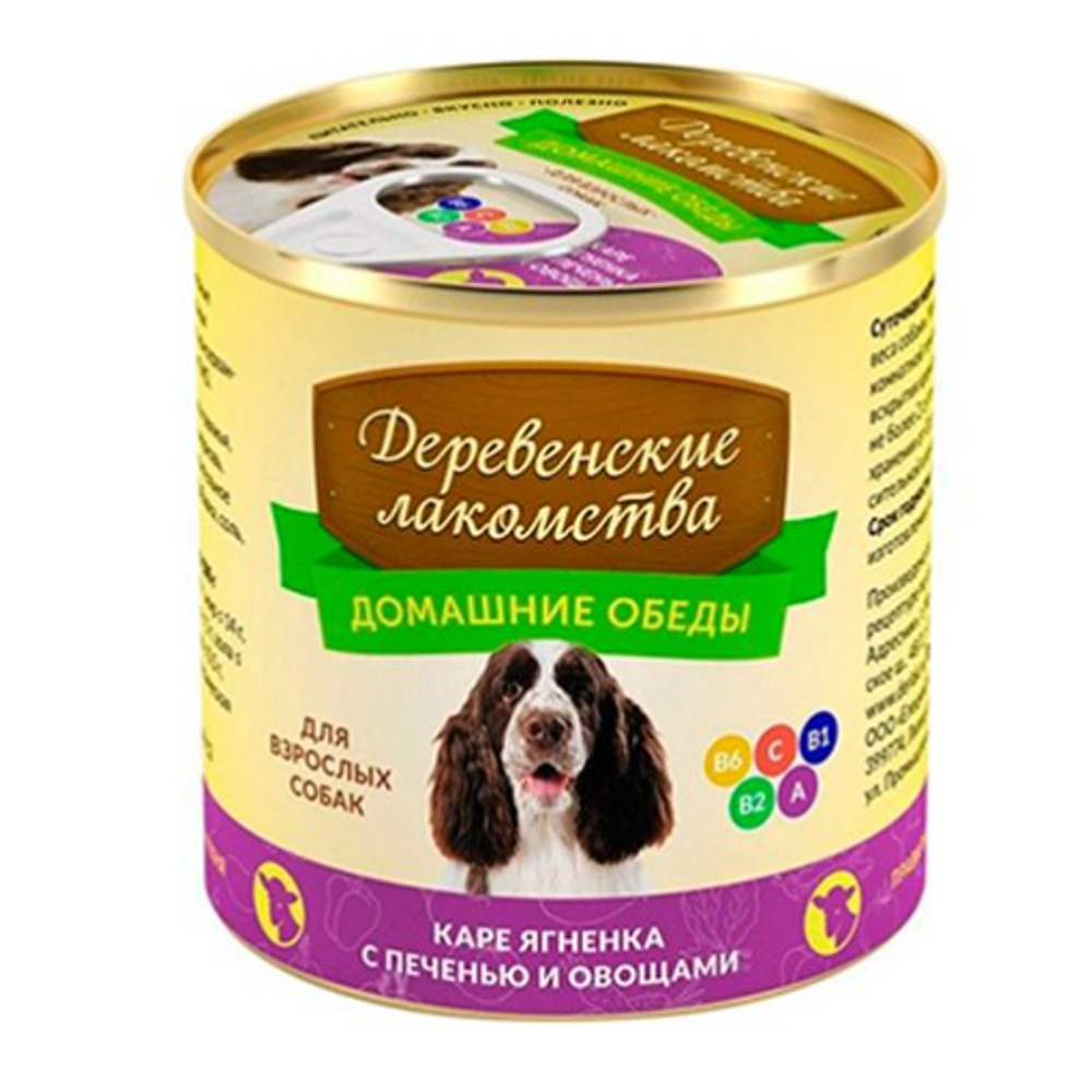 Деревенские лакомства консервы домашние обеды для взрослых собак каре ягненка с печенью и овощами 240 г