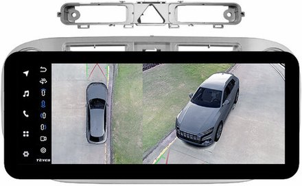Магнитола для Volkswagen Tiguan 1 2007-2011, Golf Plus (аварийка треугольная, рамка серебро 9) - Teyes LUX ONE 360 монитор 12.3" 2K QLED на Android 10, 6Гб+128Гб, CarPlay, 4G SIM-слот, 4 камеры в комплекте