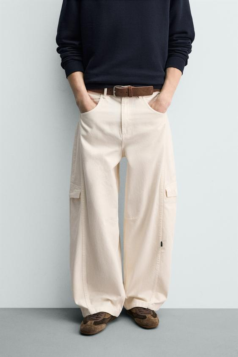 ZARA БРЮКИ КАРГО BAGGY FIT СО ШВАМИ, ЭКРЮ