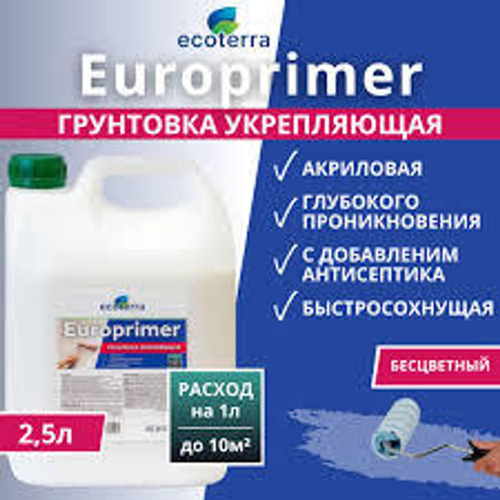 Грунтовка Europrimer глуб. проник. для нар/внутр.работ 2,5 л Ecoterra