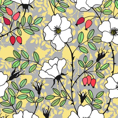 Seamless pattern.Rosehip plant with fruits and flowers.