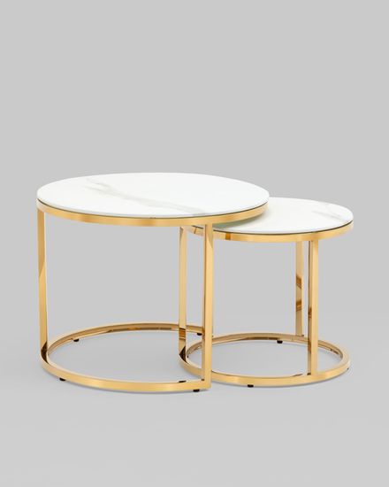 Набор журнальных столиков Селена 60 и 45 см стекло белый мрамор сталь золото
