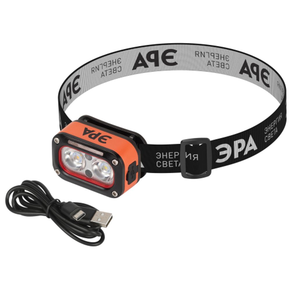 Фонарь налобный светодиодный ЭРА GA-812 Orange аккумуляторный 3+3 Bт сенсорное управление 5 режимов USB type C