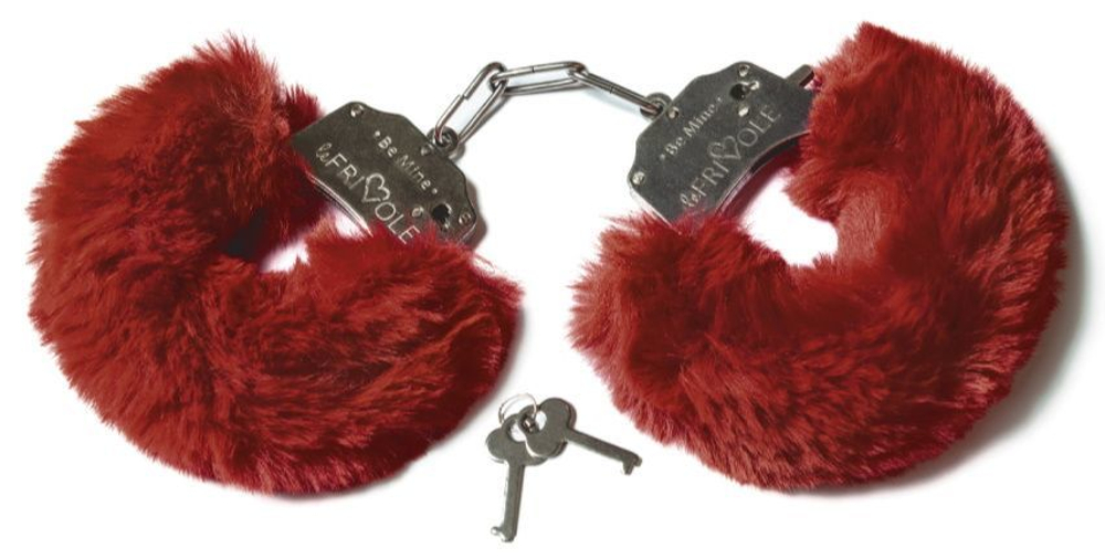 Шикарные бордовые меховые наручники с ключиками