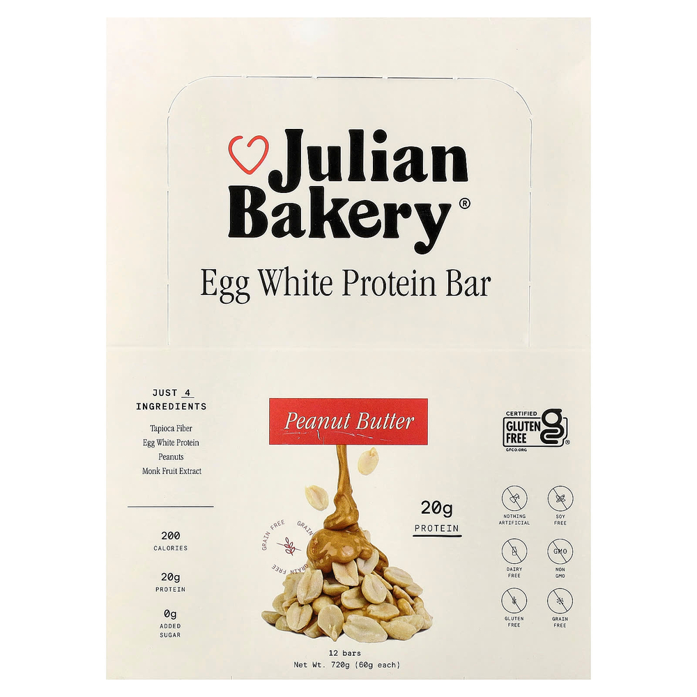 Julian Bakery, протеиновый батончик из яичного белка, арахисовая паста, 12 батончиков по 60 г (2,1 унции)