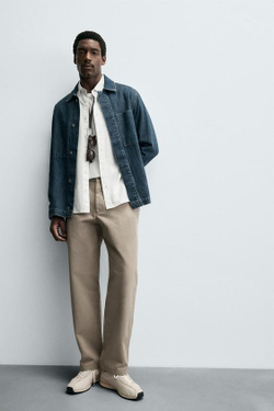 ZARA БРЮКИ STRAIGHT FIT ИЗ ТКАНИ С УЗОРОМ, БЕЖЕВЫЙ